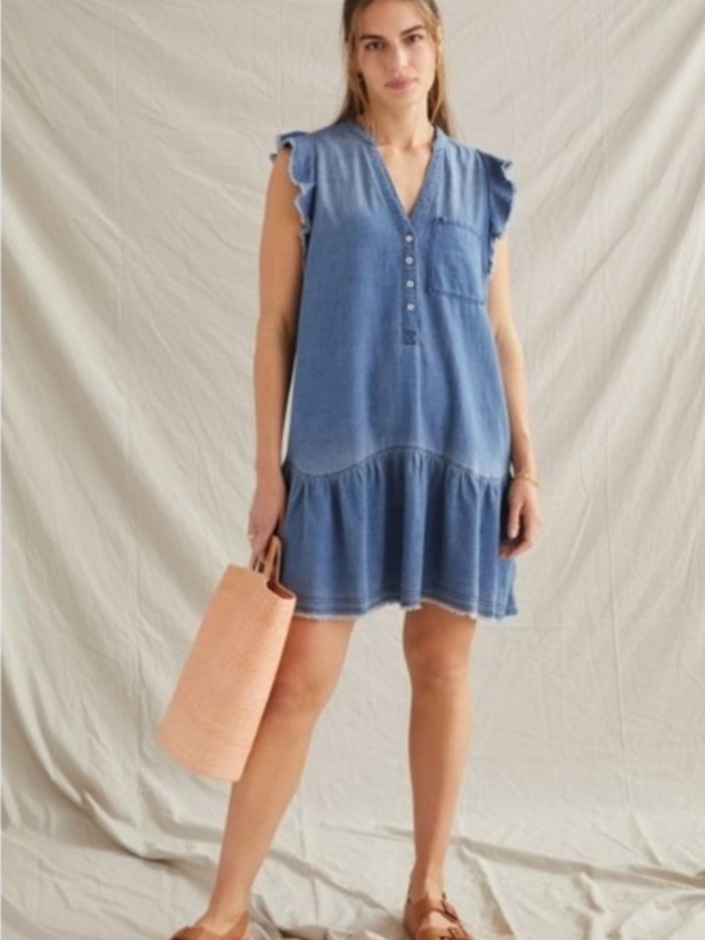 Pilcro By Anthropology Blue Chambray 100% Cotton Ruffle-Sleeve Mini Dress